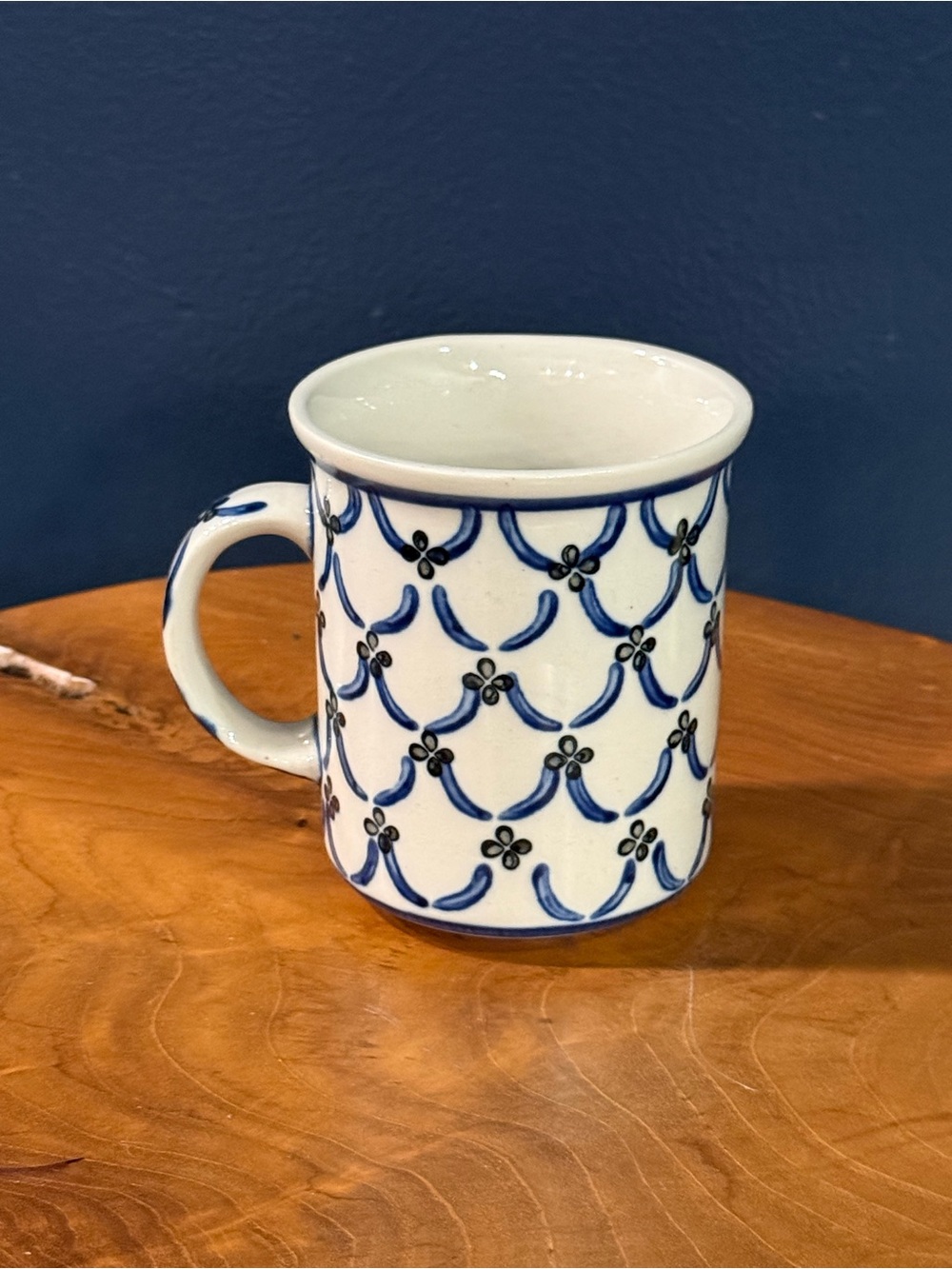 Hand Made Polish Pottery Blue Floral Lattice Ceramic Mug - White and Blue